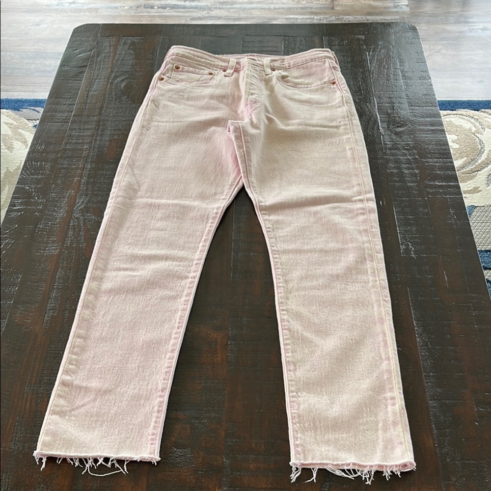 Levi’s 501 Button Fly Pale Pink Jeans with Distressed Hem 26/28